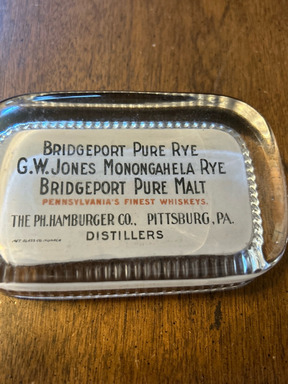 Old Bridgeport whiskey vintage glass paperweight